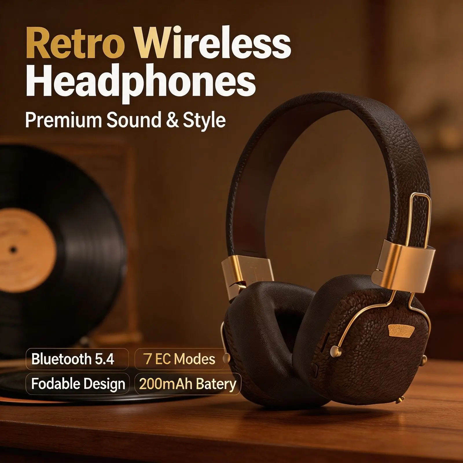 Retro Wireless Headphones Bluetooth 5.4 Headset 7 EQ Modes 200mAh Battery Foldable Over Ear Music Headset with Mic for Phone PC