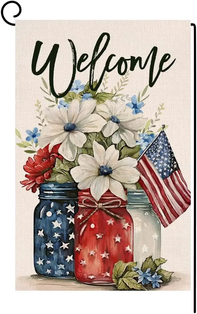 4th of July Floral Garden Flag 12x18 Vertical Double Sided Patriotic Mason Jar Flowers Red Blue Memorial Day Independence Da llp