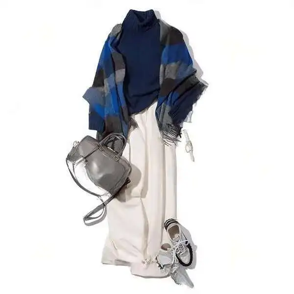 

2025 Autumn/winter New Fold High Neck Loose Sweater+loose Suit Straight Leg Pants Two Piece Set