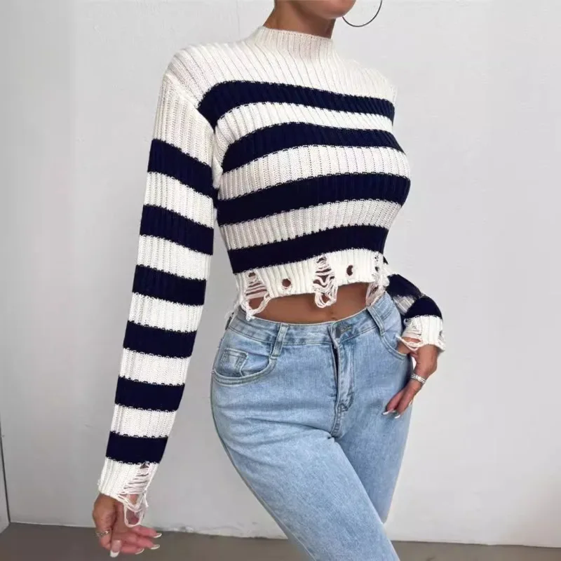 

Color Matching Fashion Round Neck High Waist Short Striped Hole Knitted Short Sweater