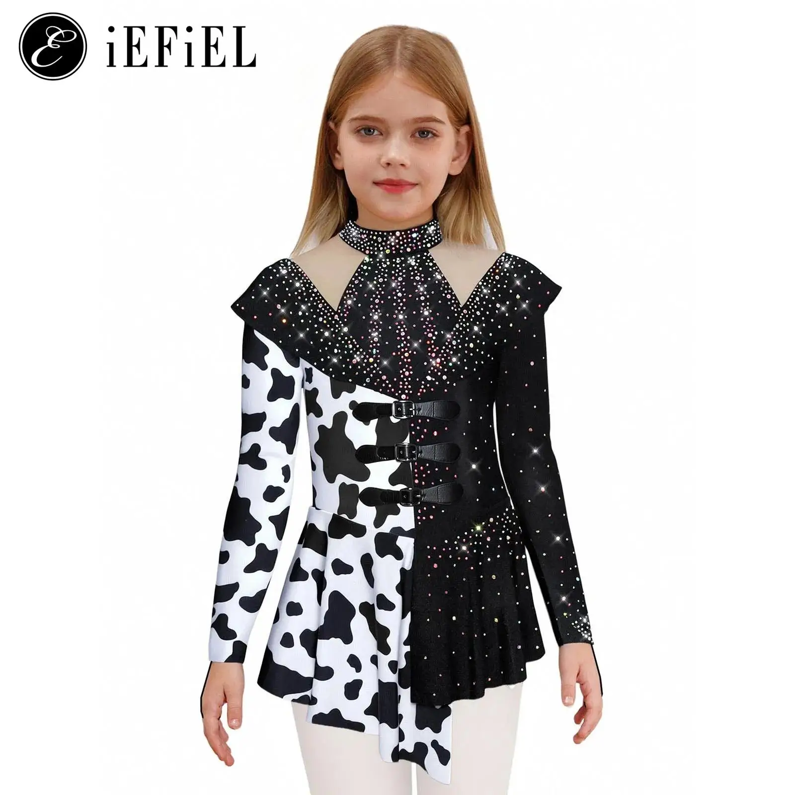 

Girls Witch Dalmatians Dance Costume Sparkly Rhinestone Figure Long Sleeve Ballet Leotard Tutu Skirts Ballroom Dancewear