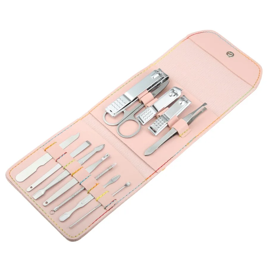 

12 pcs Manicure Set with Pink PU Leather Case Stainless Steel Silver Tone for Nail Care and Beauty Enthusiasts Portable Durable