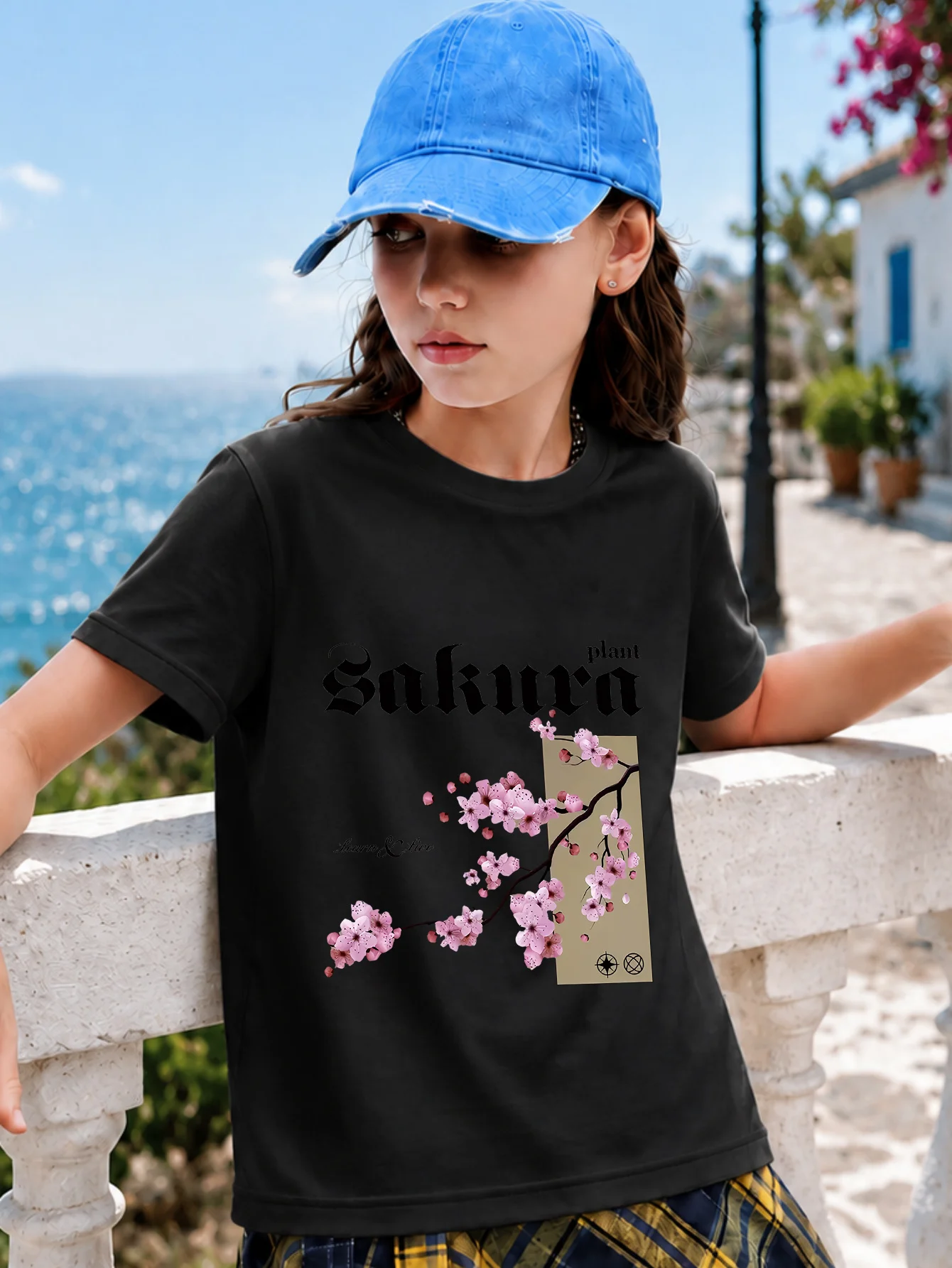 Sakura Flower Kids T Shirt Vintage Cherry Blossom Print Short Sleeve Tees Boys Girls Cotton Casual Tops Outdoor Daily Wear Gift