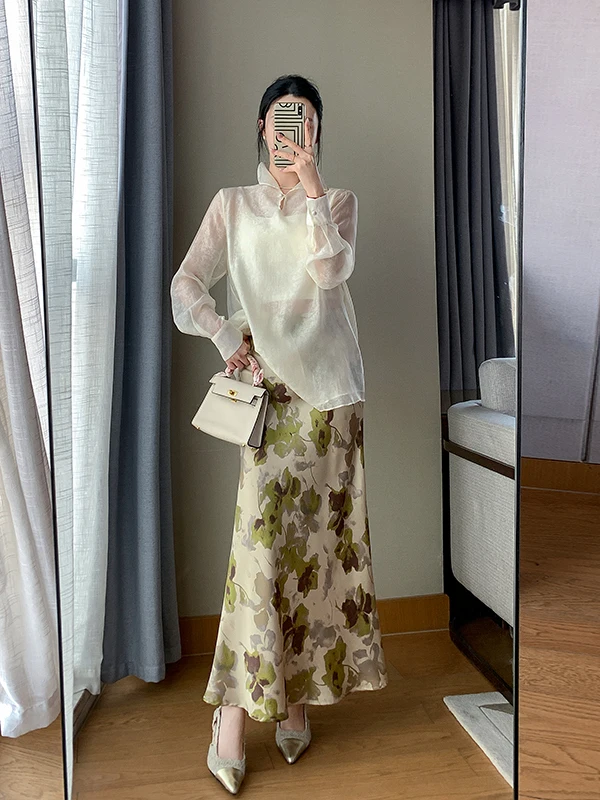

Korean Style Gentle Long Skirt Set Floral Print High Waist Spring Fashion Two-Piece Suit Breathable Comfortable Women's Ensemble