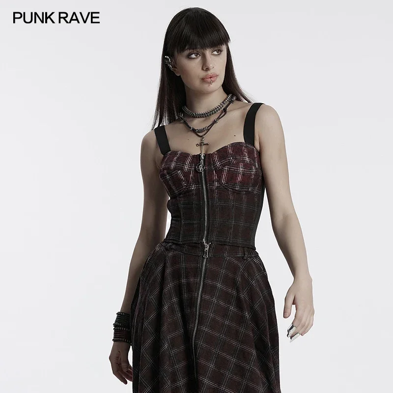 

PUNK RAVE Women's Punk Gradient Plaid Vintage Vest Sweet Cool Spicy Style Personality Skull Metal Zipper Tops Women Clothes