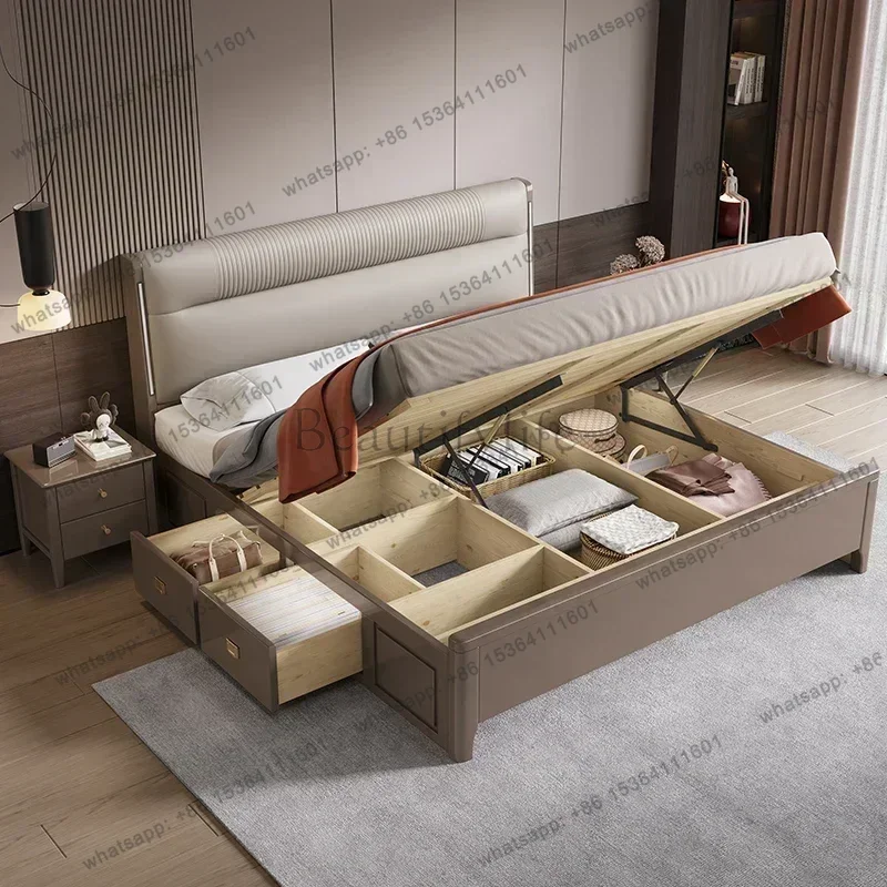 LJY Simple Elegant Tall Bed Double Queen Pretty Bedroom King Frame Bed Luxury Lit Pliable Modern European Beliche Trendy Furnitu