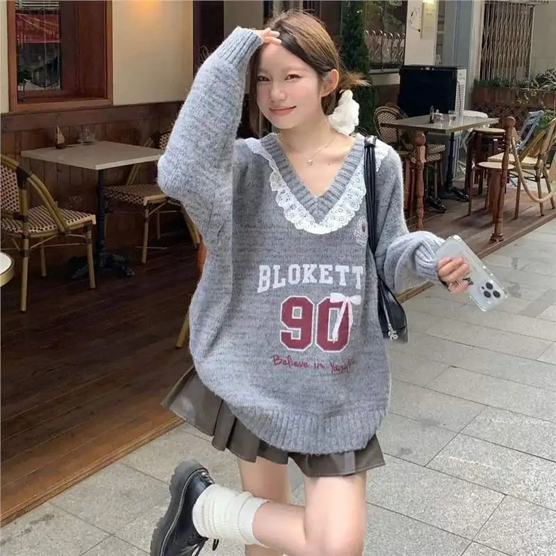 Lazy Retro Lace Patchwork Autumn and Winter Sweater Loose 2024 Knitted Sweater New Letter Jacquard Top