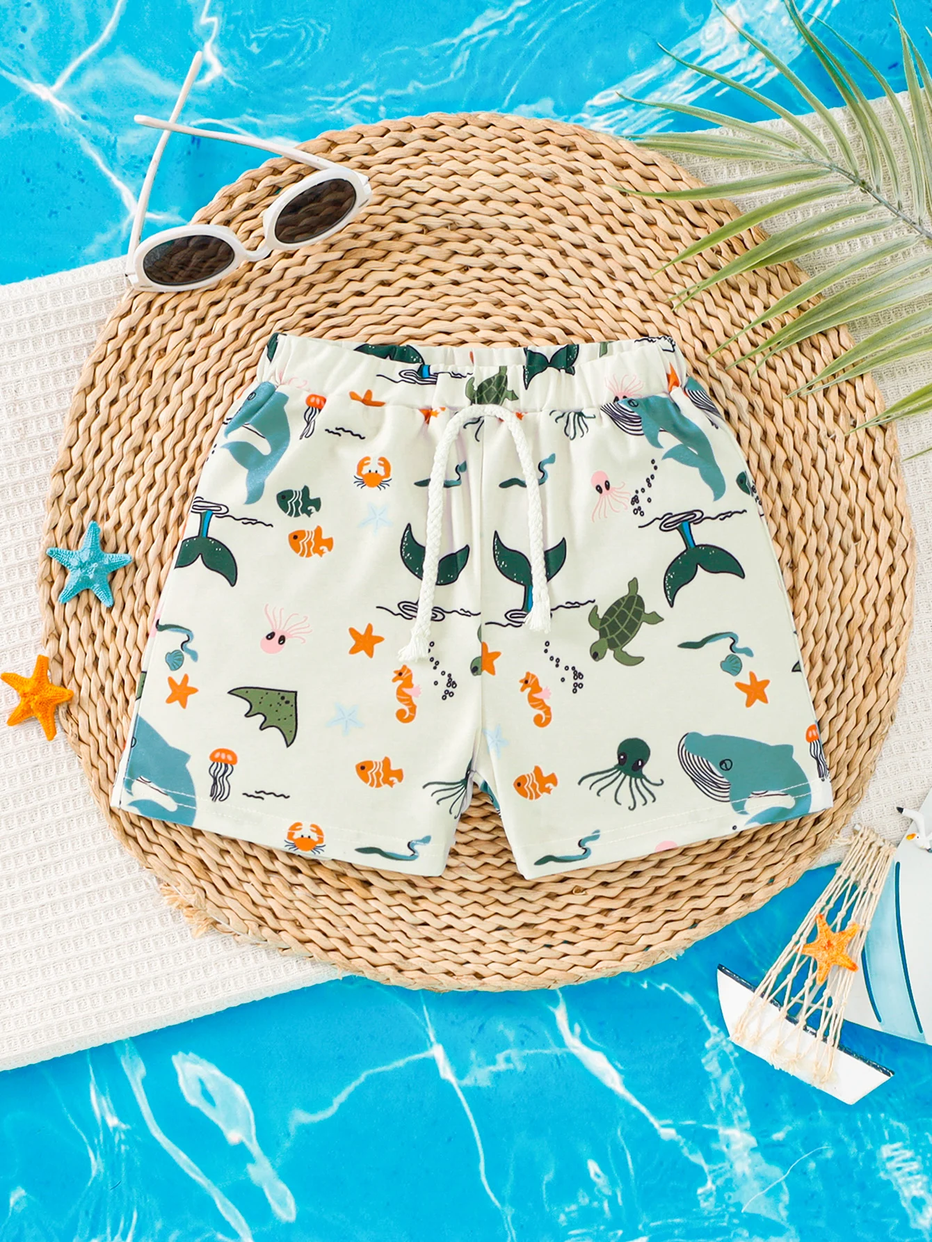 1pc Summer Boys Ocean Animal Print Swim Shorts, Drawstring Beach Trunks, Cute Style, Beach/Pool Wear, 1‑6Y, Quick Dry Fabric