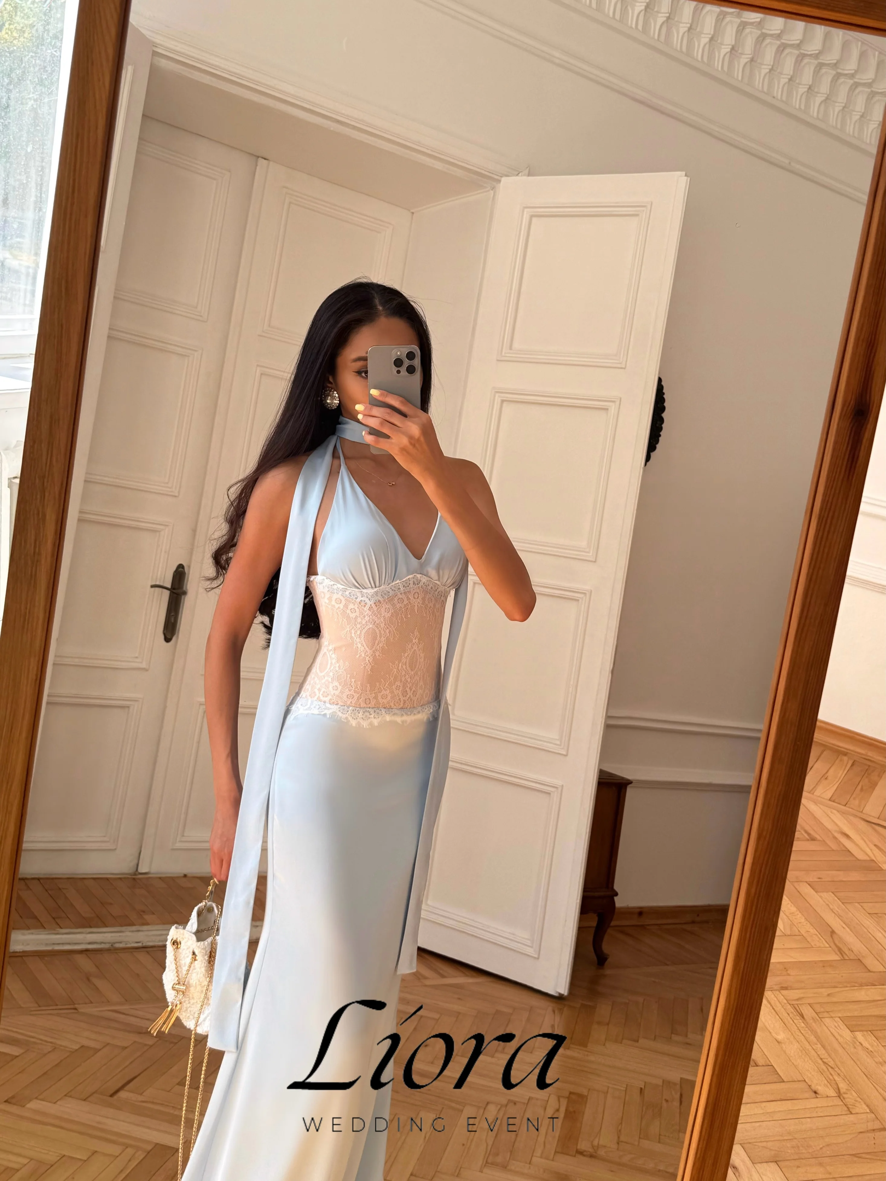 Liora Customized Light Blue Sheer Lace Patchwork Evening Dress Halter Backless Satin Sheath Wedding Guest Party Gownفساتين سهرة