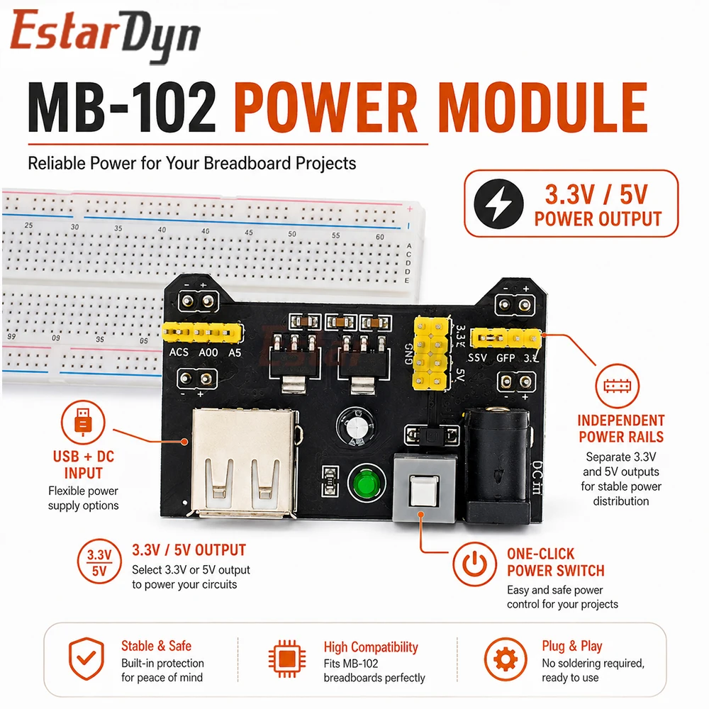 EstarDyn MB-102 830 Tie Points Solderless Prototype Breadboard Kit 3.3V/5V Power Module 65 Flexible Jumper Wires