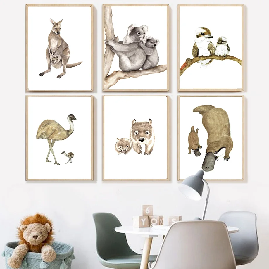 Watercolor Animals Poster Koala Bird Kangaroo Platypus Nursery Wall Art Print Canvas Painting Wall Pictures Baby Kids Room Decor