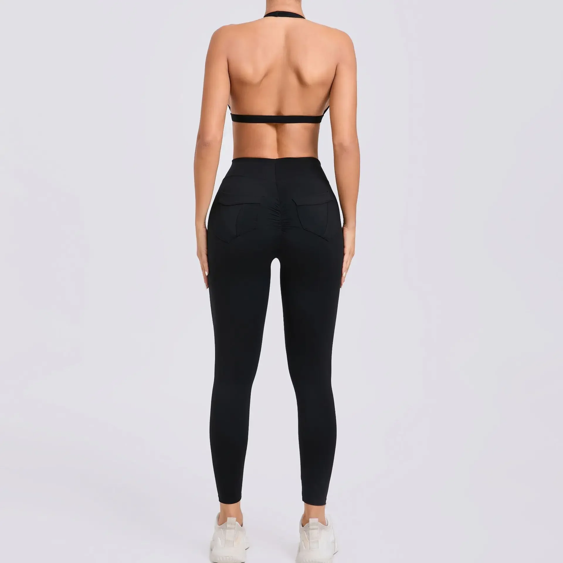 Seamless Neck Bra Yoga Suit Sports Fitness Peach Hip-lifting Pocket Backless Fitness Suit Running Workout Gym Sets for Women