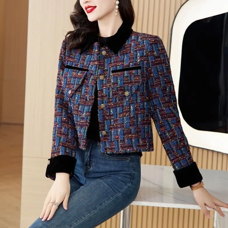 

Новая осенняя твидовая куртка, топ с длинными рукавами, женский однобортный винтажный укороченный топ, пальто в стиле Харадзюку, модные куртки, пальто в клетку