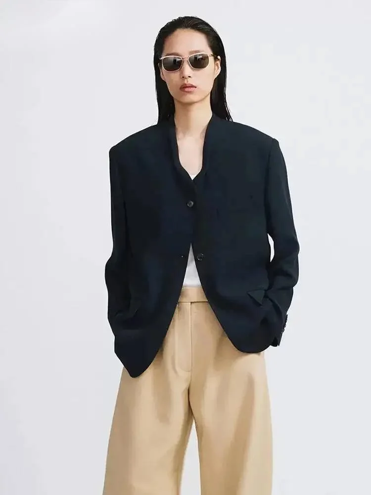 Fashion Navy Blue V-neck Blazer Women's Loose Single Breasted Suit Jacket Summer New 7AJ5G9
