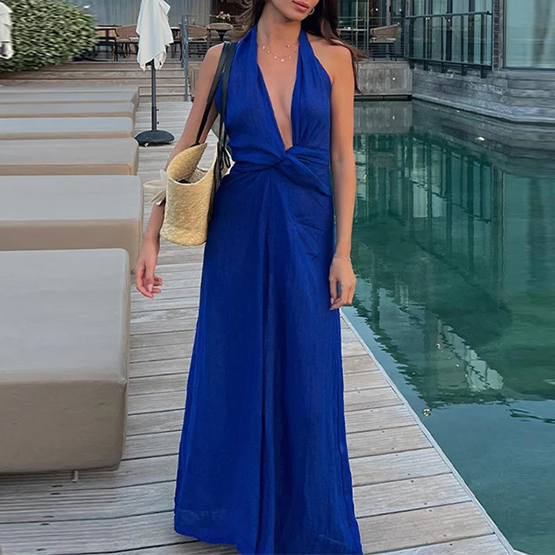 

Ladies Elegant Pleated Holiday Dress Fashion Halter Hollow Out Evening Dress Summer Blue Casual Sleeveless High Waist Long Dress