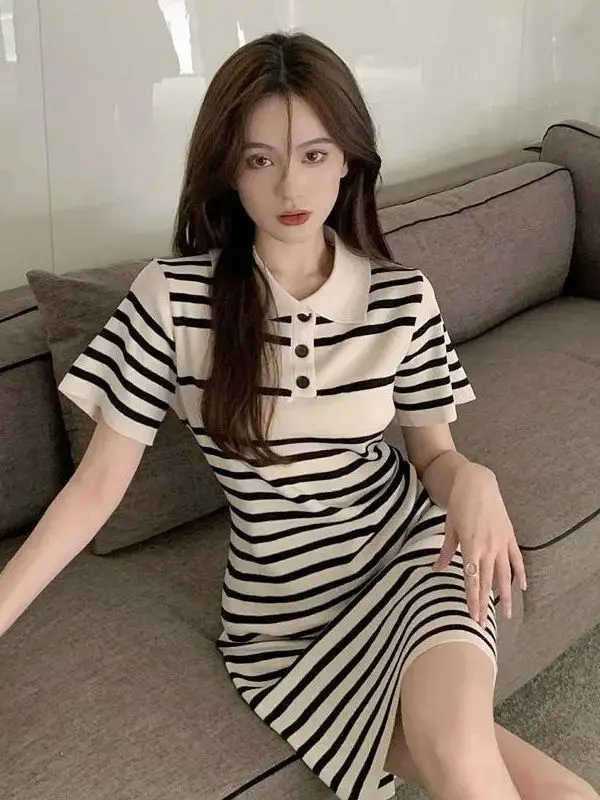 

2024 Summer New French Style Striped Short Sleeved Polo Neck Knitted Dress Women's Gentle Style First Love Short dress GW26