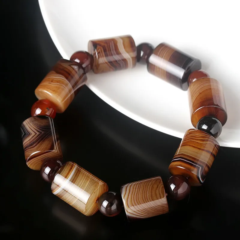 Natural Silk Agate Barrel Bead Bracelet for Men and Women Ethnic Wild Bracelet Jewelry