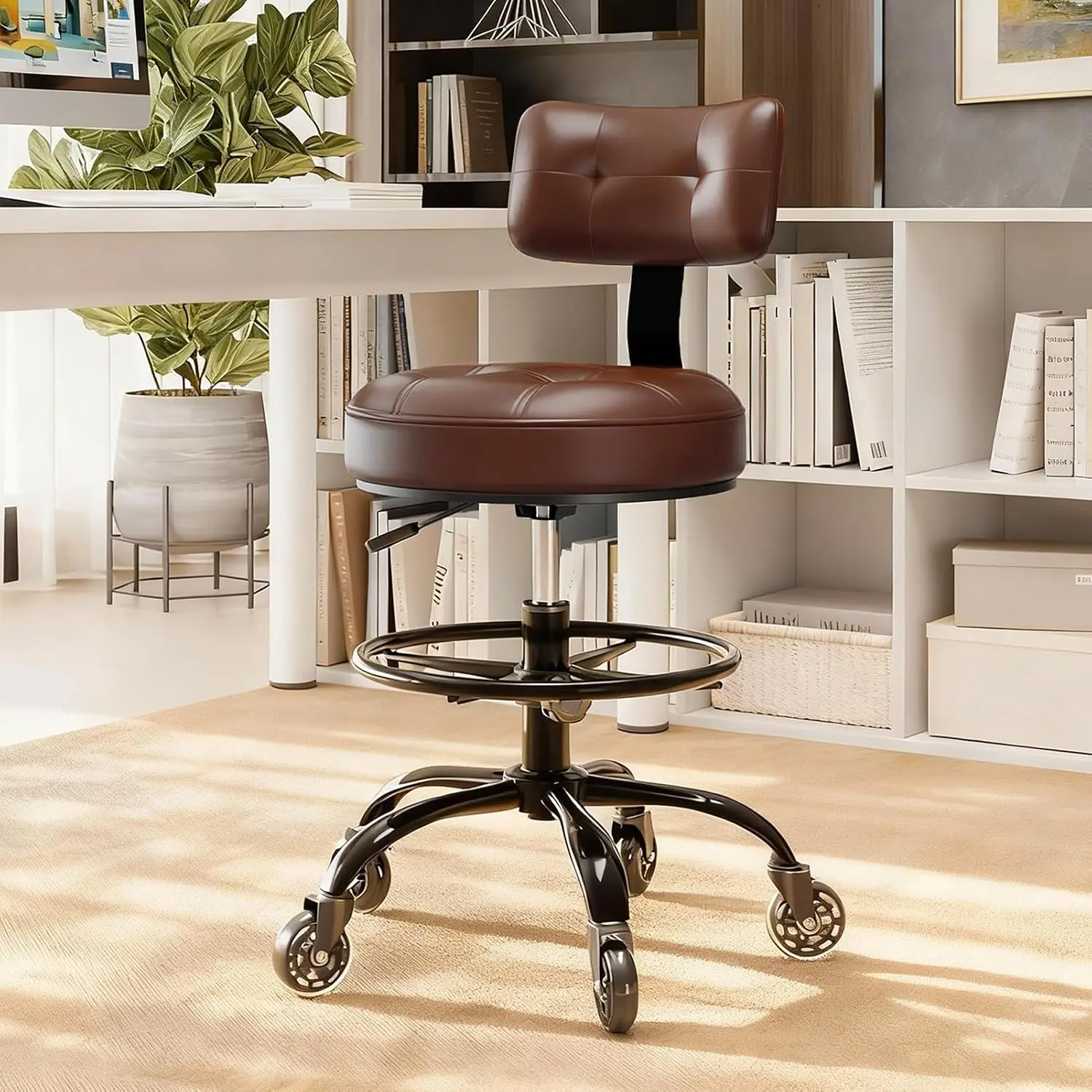 Office Drafting Chair with Footrest, Tall Height Adjustable Stool with Back Support, Heavy Duty Rolling Stool Chair
