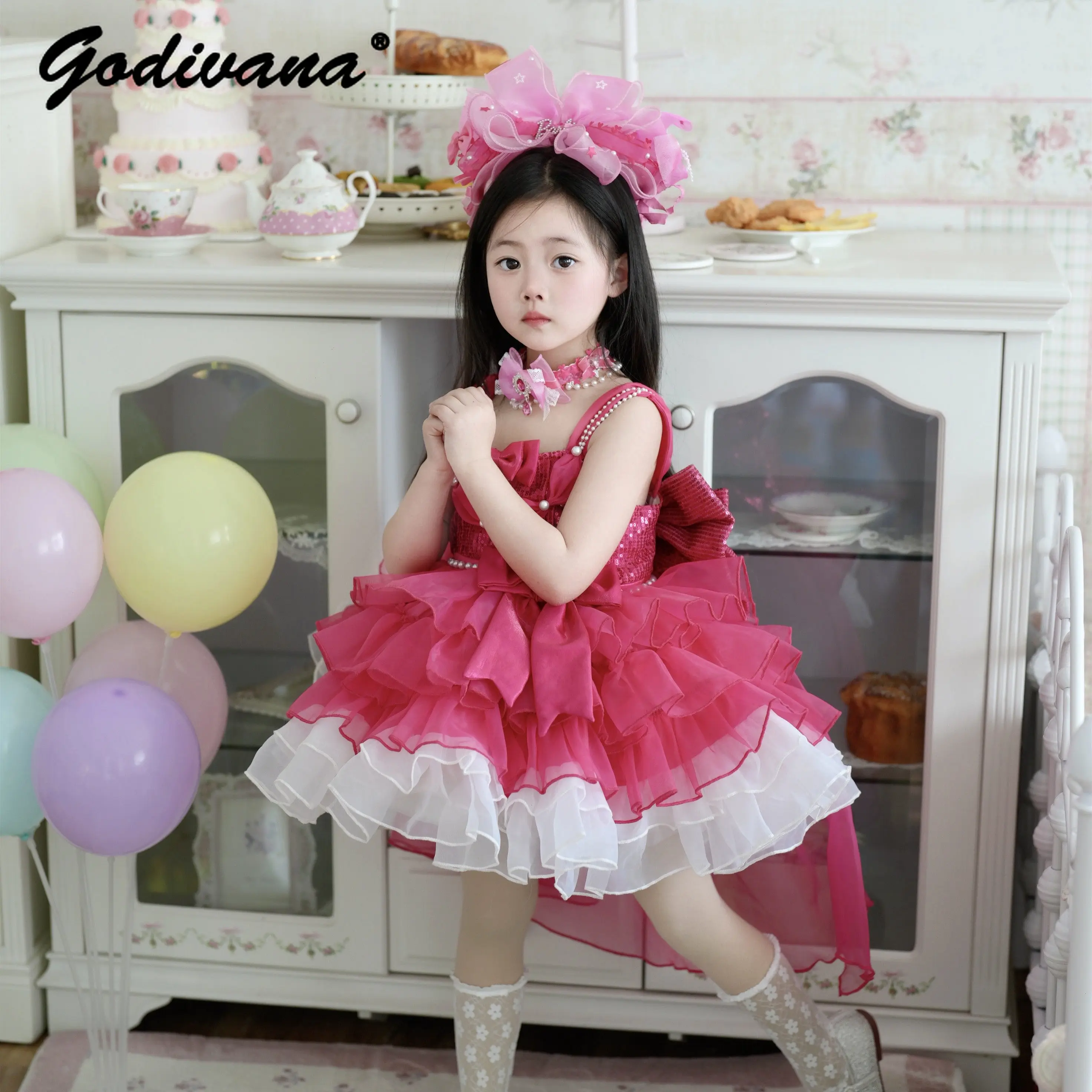 Original Sweet Girls Pink Princess Lolita Tutu Dress Kids 2026 New Summer Tulle Bow Pearls Birthday Party Performance Ball Gown