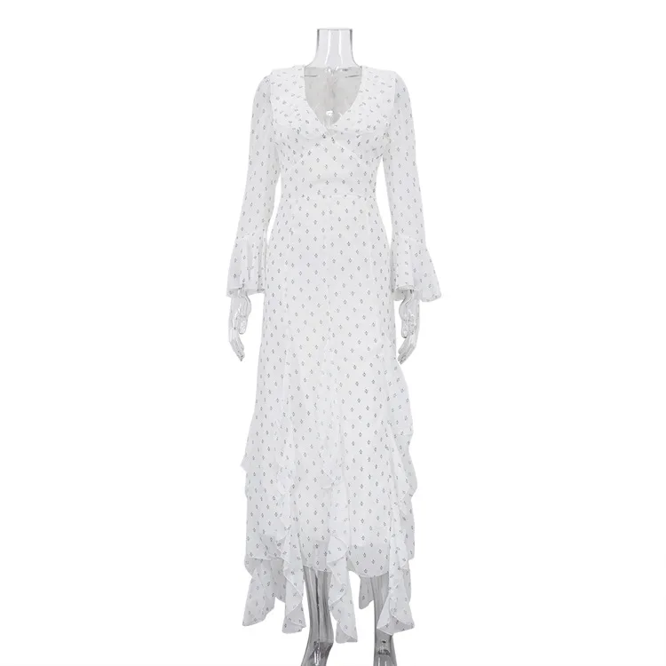 Elegante impresso chiffon vestido longo feminino chique manga alargada com decote em v cintura alta em camadas vestidos finos senhora primavera diário vestido de rua