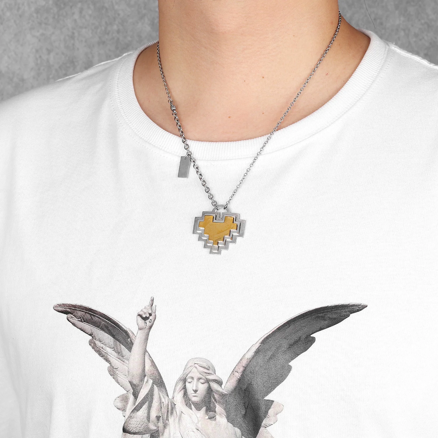 Pixel-style Heart Pendant Men Street Necklace Creative Stereo Couples Stainless Steel Chain Cool Punk Rock Jewelry for Male Gift image 5