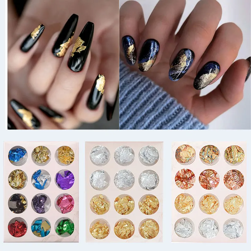 6/12 Box Gold Silver Copper Nail Foil Paper Irregular Aluminum Sticker Glitter Gel Polish DIY Nail Art Decoration Manicure