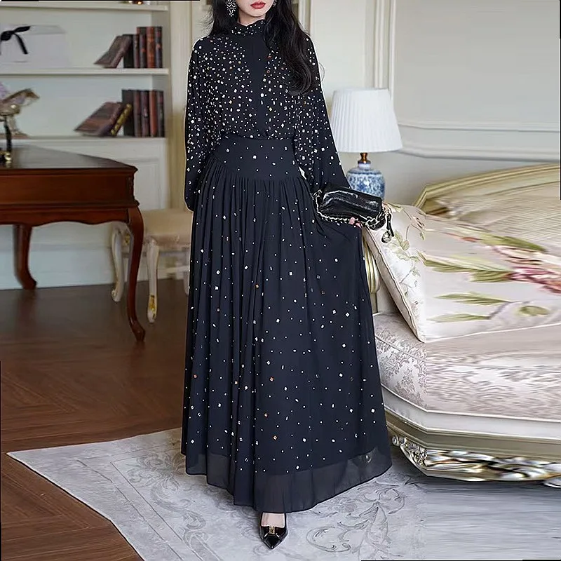French Style Dress Set High Neck Rhinestone Top Slim Waist Long Skirt Matching Set
