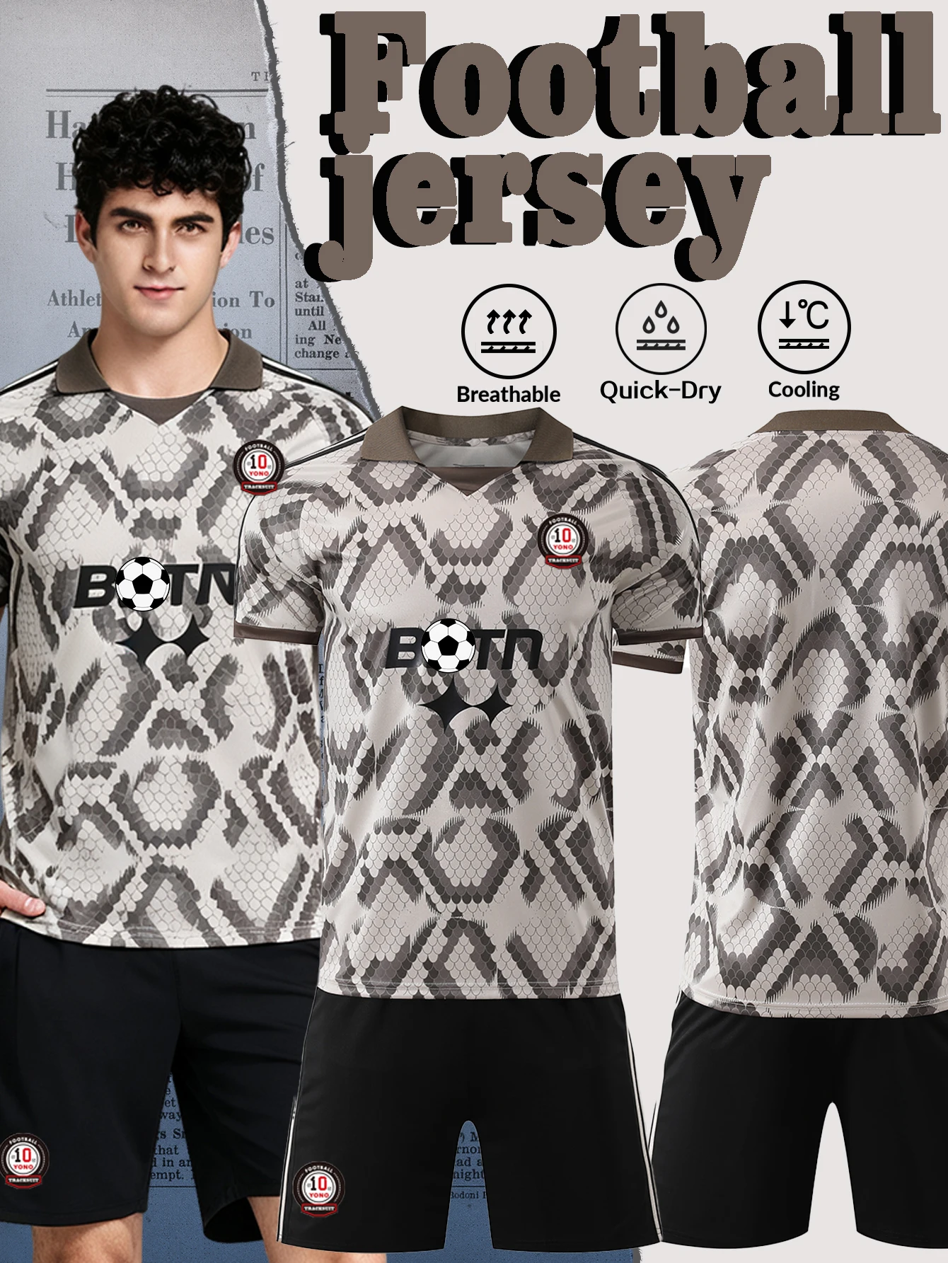 Men Soccer Jersey Set Quick Dry Short Sleeve Football Uniform Snake Print Sport Shirt Shorts Suit Breathable Cooling Training Fo