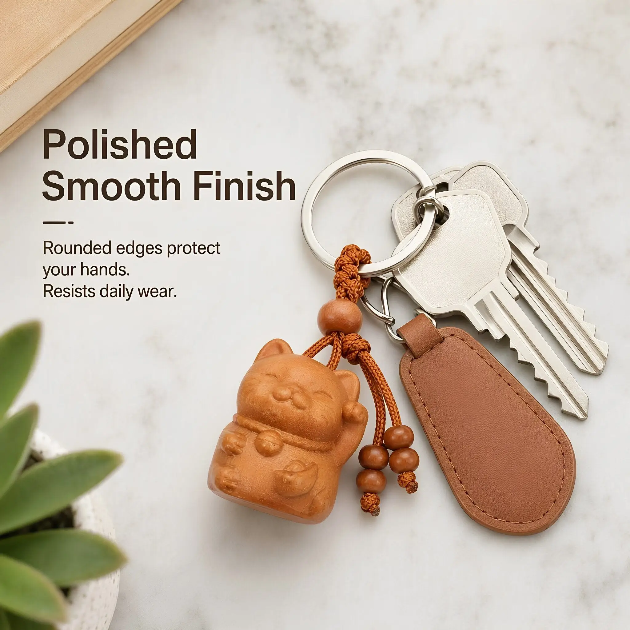 1Piece Peach Wood Maneki Neko Keychain Hand-Carved Lucky Cat Accessory for Keys Backpack Decor Japanese Style Good Luck Charm