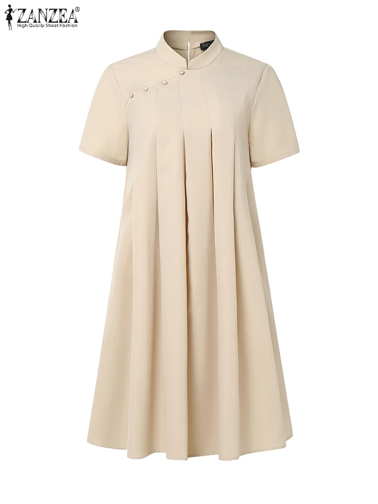 ZANZEA femmes élégant a-ligne robes de soirée 2025 été élégant robe sans manches col montant travail plissé robe d'été robes caftan