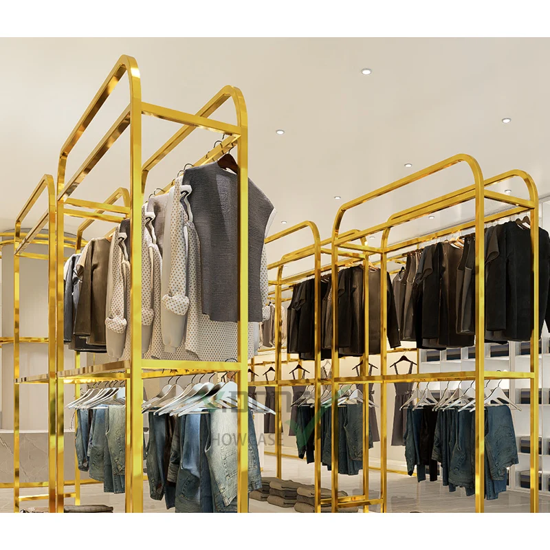 [Customized]Golden Wall luxury multi layer shelf rack clothing boutique clothes store shelf clothing display hanger stand r