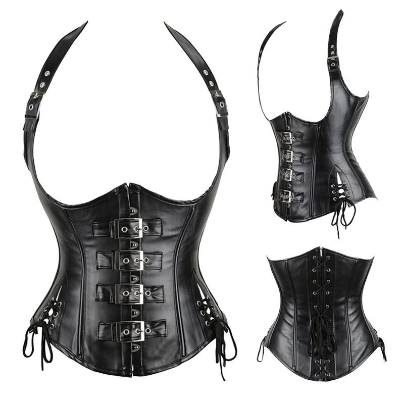 

Women Steampunk PU Leather Corset Top Halter Shoulder Straps Sexy Bustiers Lace Up Slim Waist Body Shapewear Women Slimming Belt