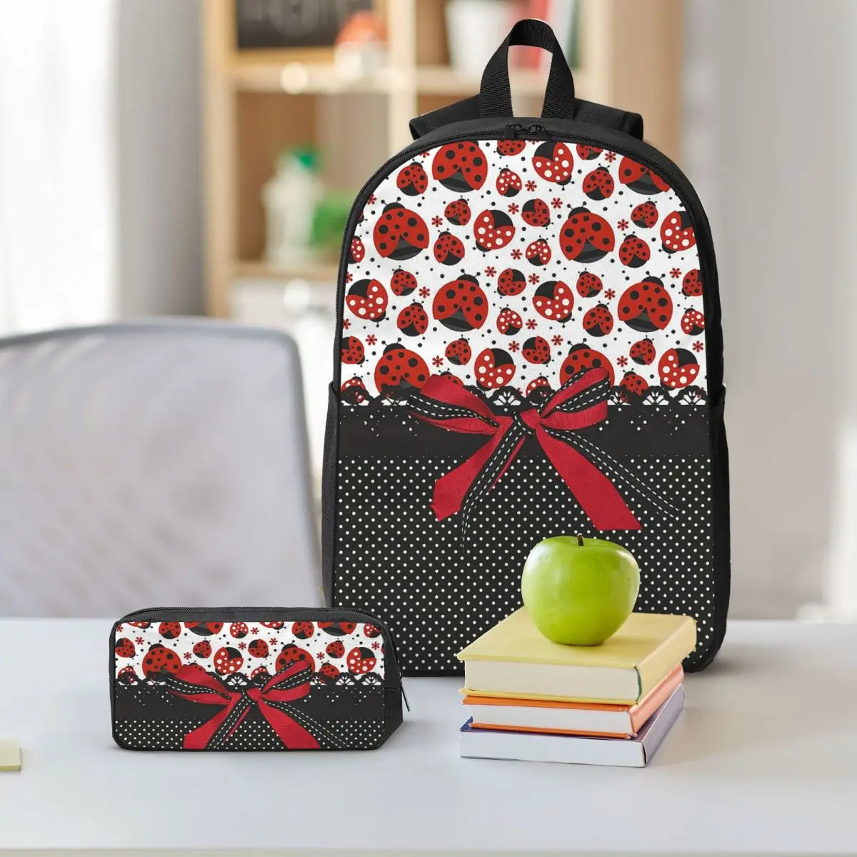 Cute Ladybug And Red White Polka Dots Backpack Boys Girls BookBag School Bag Shoulder Bags 3ps Insulated Lunch Bag Pencil Case