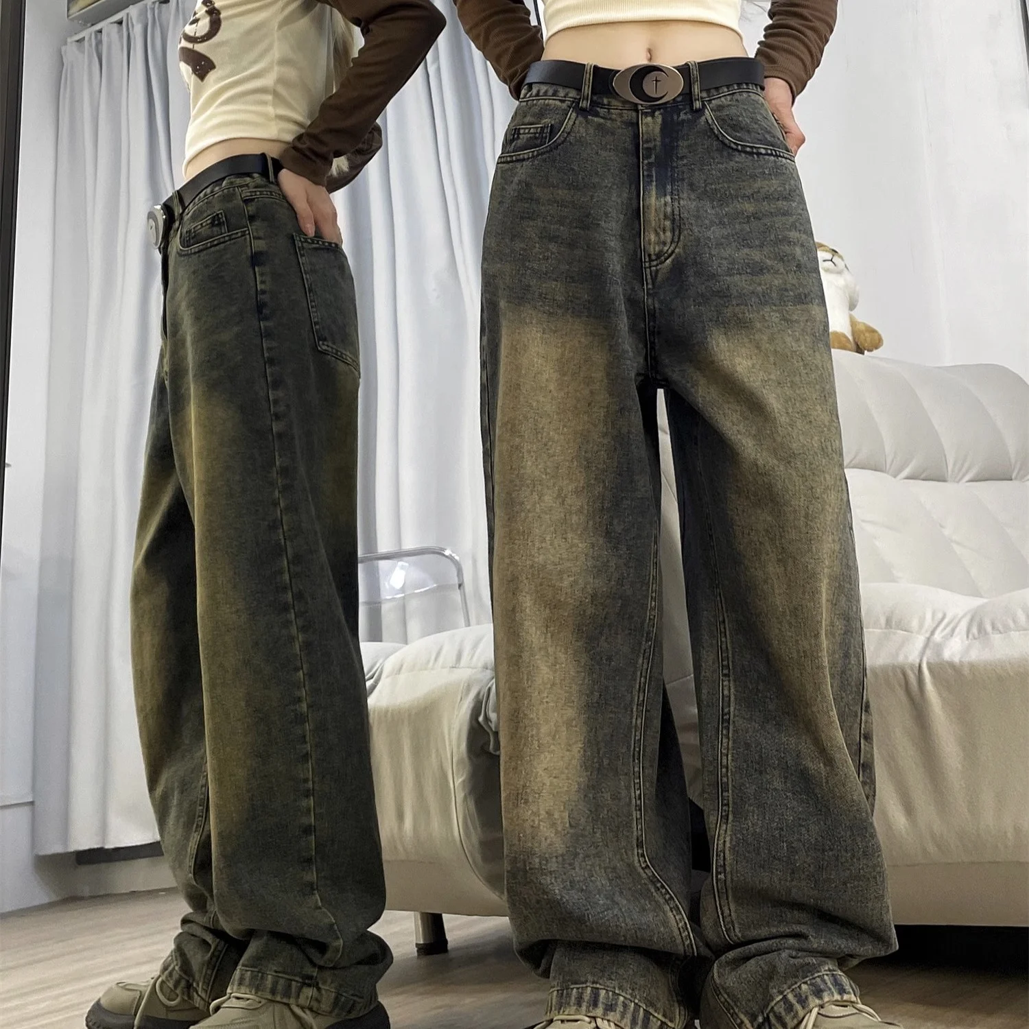 

Large Size Men's Vintage Straight Leg Jeans High Waist Distressed Wide Leg Floor Length Trousers American Street Style Autumn...