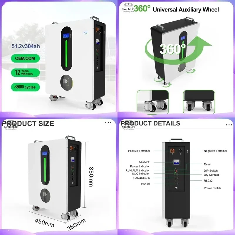 48V 51.2V 300Ah LiFePO4 Battery 15kWh 16kWh 20kWh Solar Energy Storage System Lithium Ion Power Wall For Home Hybrid Inverter