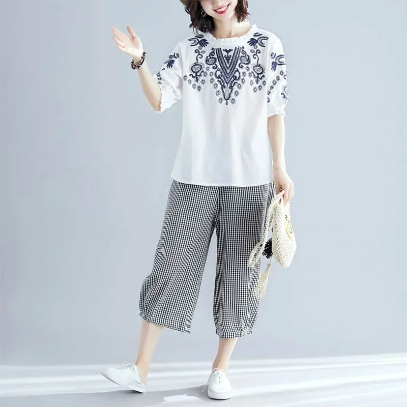 

Cotton Linen Pants Sets Women Summer Embroidery Casual Loose Two Piece Set O-neck Half Sleeve T-shirt and Plaid Wide Leg Pants