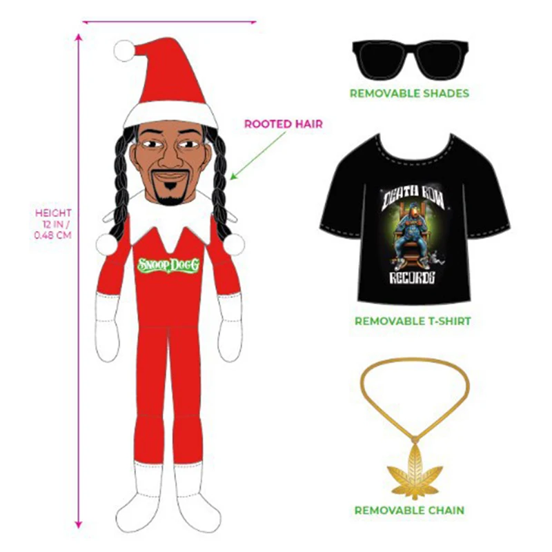 Snoop Dogg Snoop on a Stoop Elfo de Natal Brinquedos de Pelúcia Decoração de Prateleira Inclui Brinquedo de Elfo Camiseta Óculos de Sol e Colar Brinquedo de Decoração