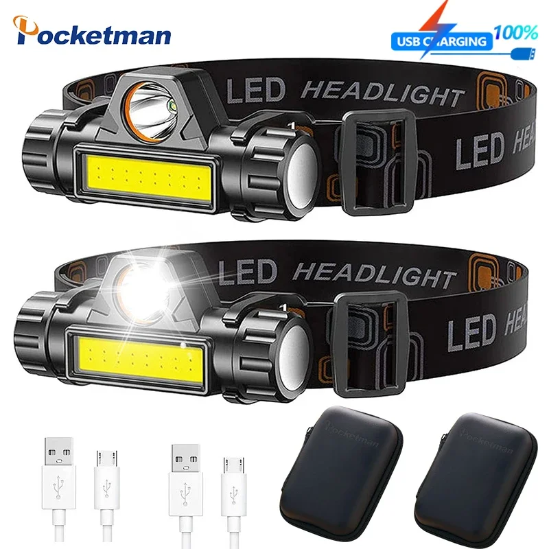 

Powerful Built-in 18650 Battery Headlamp Q5+COB LEd Headlight USB Rechargeable Head Light Waterproof Head Front Light