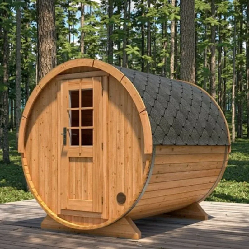 Salón de sauna de barril de madera al aire libre, Saunas de madera tradicionales de jardín canadiense Hemlock para 4-6 personas con dosel