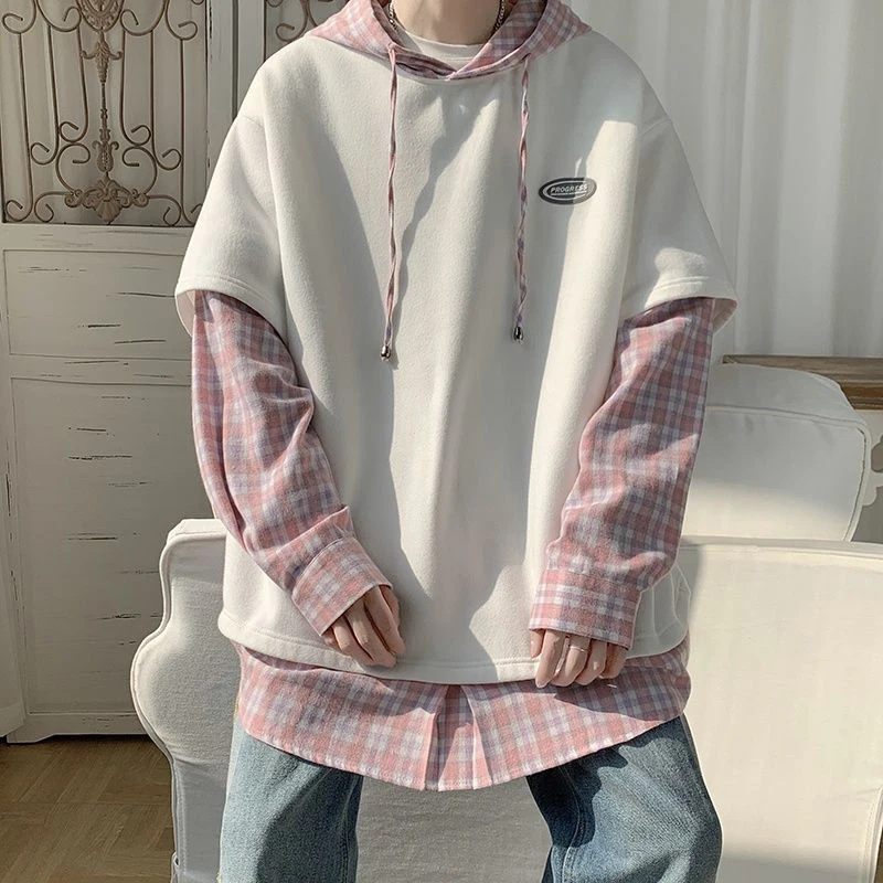 

Fake Two Piece Long Sleeve Men Hooded Sweatshirt Korean Fashion Splice Plaid Print All-match Harajuku Oversized Pullover T Shirt