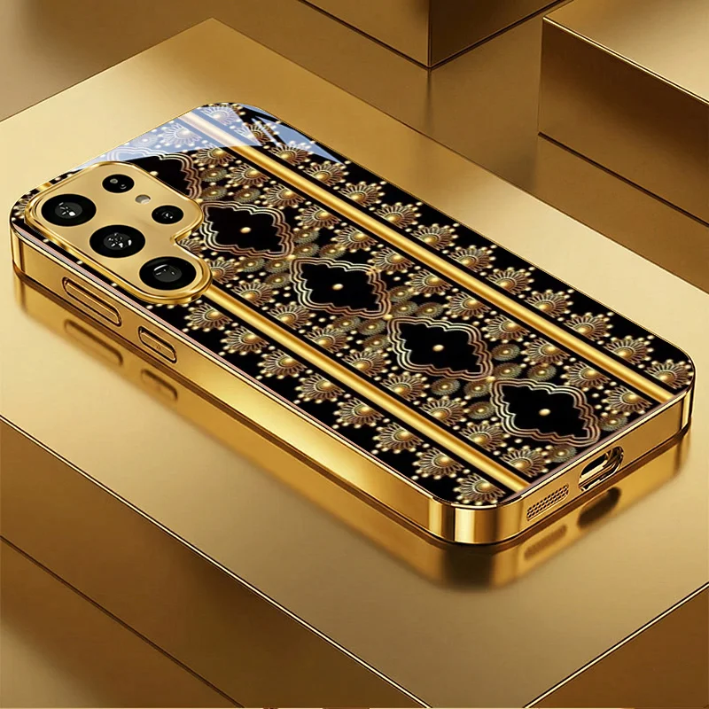 Fashionable Black and Gold Engraved Patterns Electroplated Glass Phone Case for Samsung Galaxy S26 S25 S24 S23 S22 S21 Ultra FE