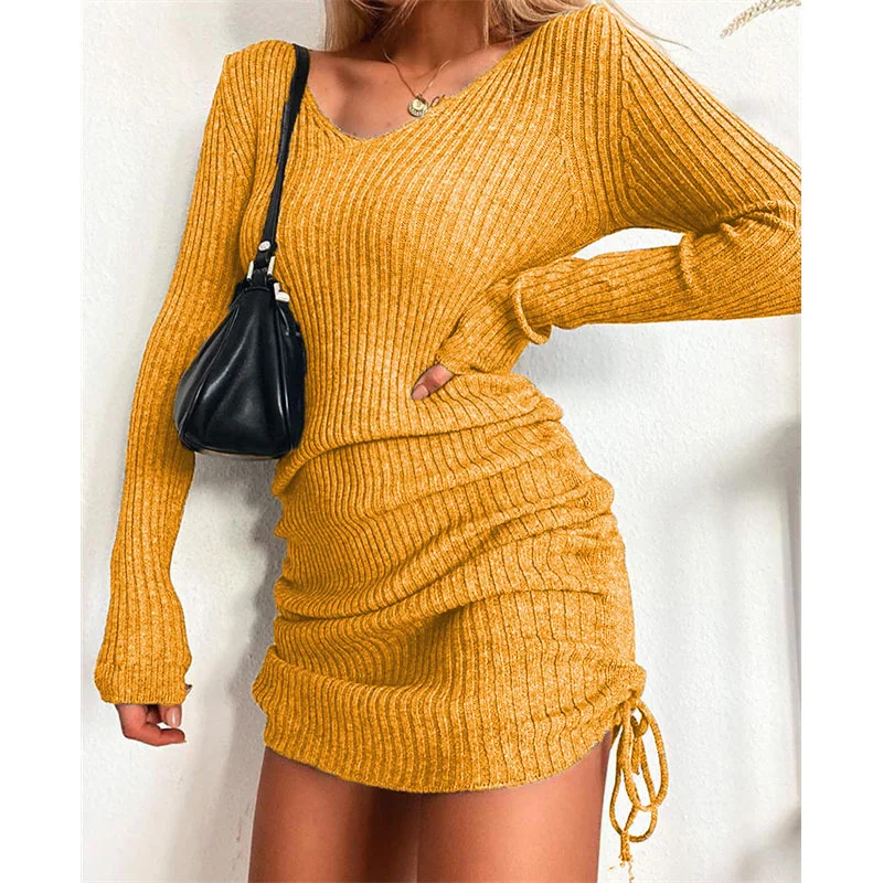 Women's Knit V-Neck Long Sleeve sexy Slim Fit Ribbed Pleated Drawstring Base Skirt for Autumn and Winter