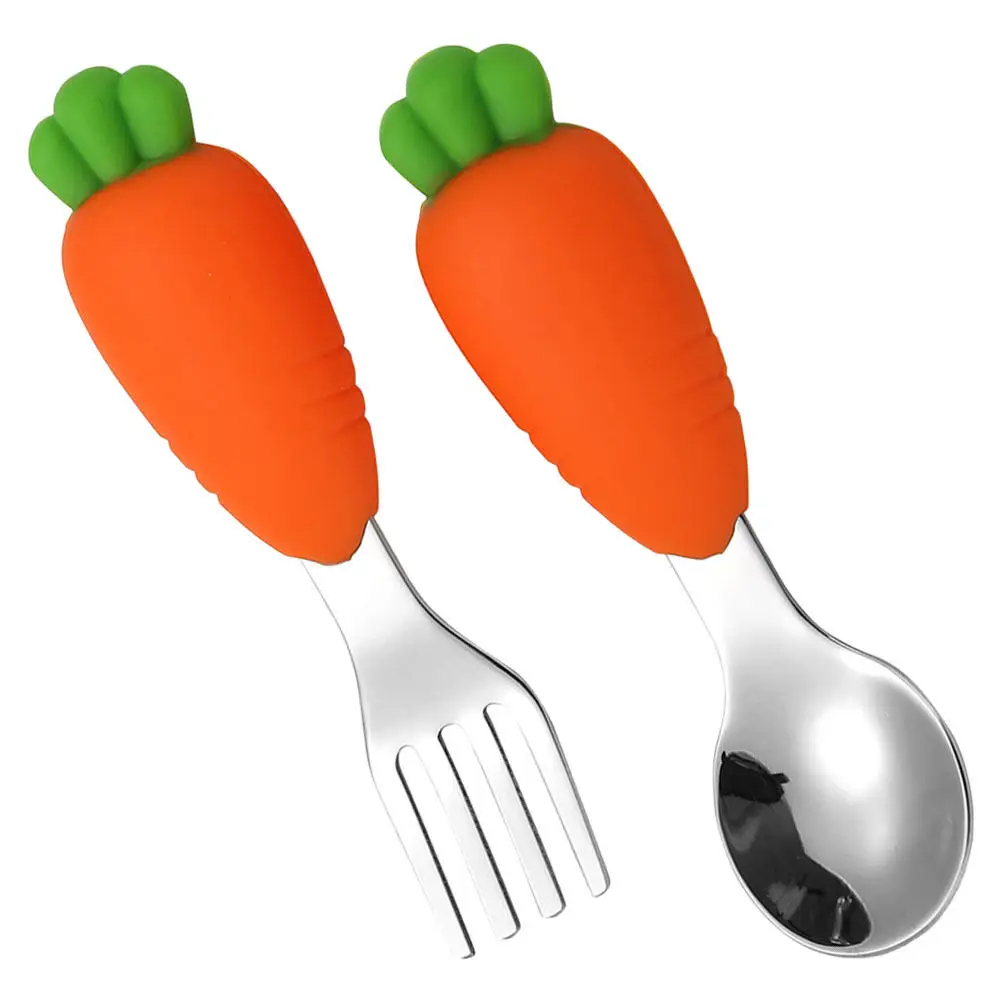 

2Pcs Baby Feeding Spoon Fork Set Cartoon Carrot Silicone Handle Non Slip Metal Toddler Utensils for Self Feeding Baby Silverware