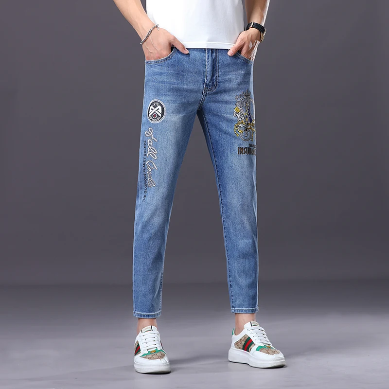 

CJB8840 Europe and the United States high street trend versatile casual embroidery Slim elastic small straight leg jeans