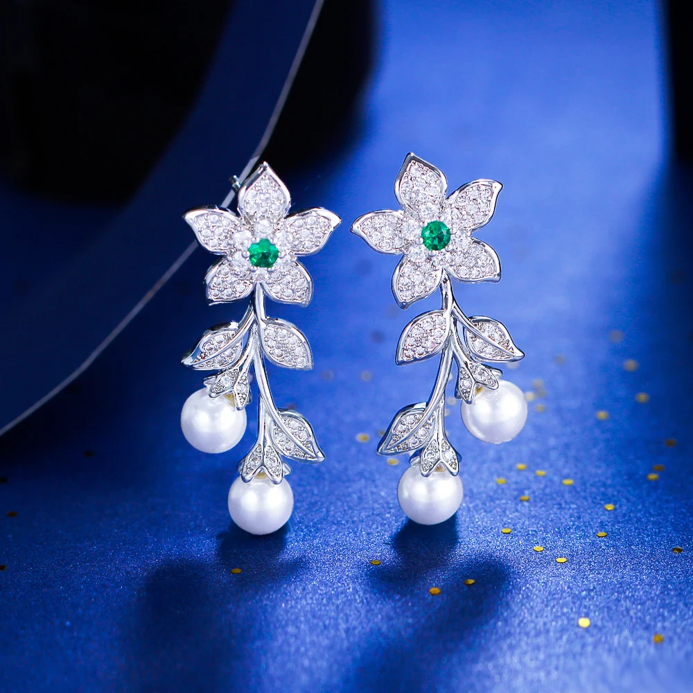 CWWZircons Elegant Flower Shape Green White Zircon Pearl Dangle Earrings Leaf Design Long Drop Earrings For Women Party E1012
