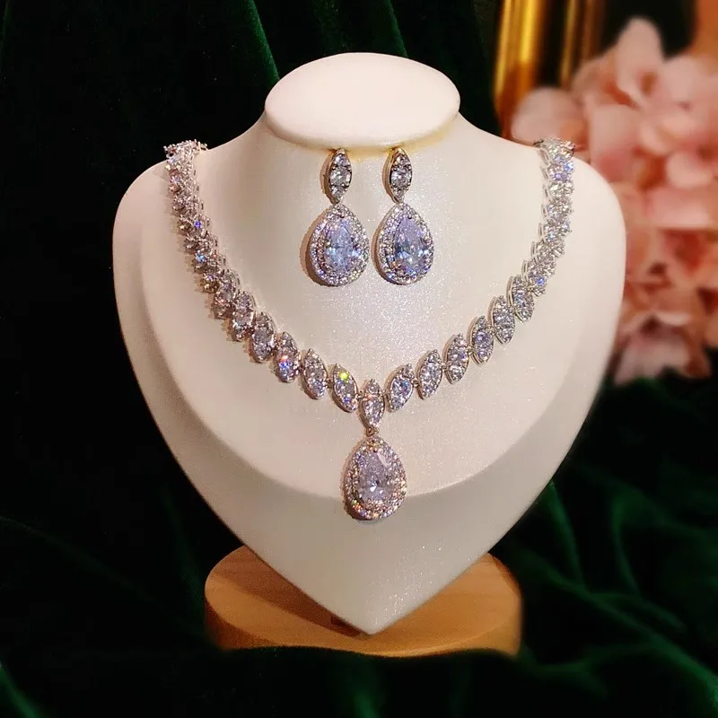 CC Wedding Jewelry Set Women Accessories Water Drop Shape Imitation Gemstone Bridal Bijoux Necklace Stud Earrings Sets CCAS224