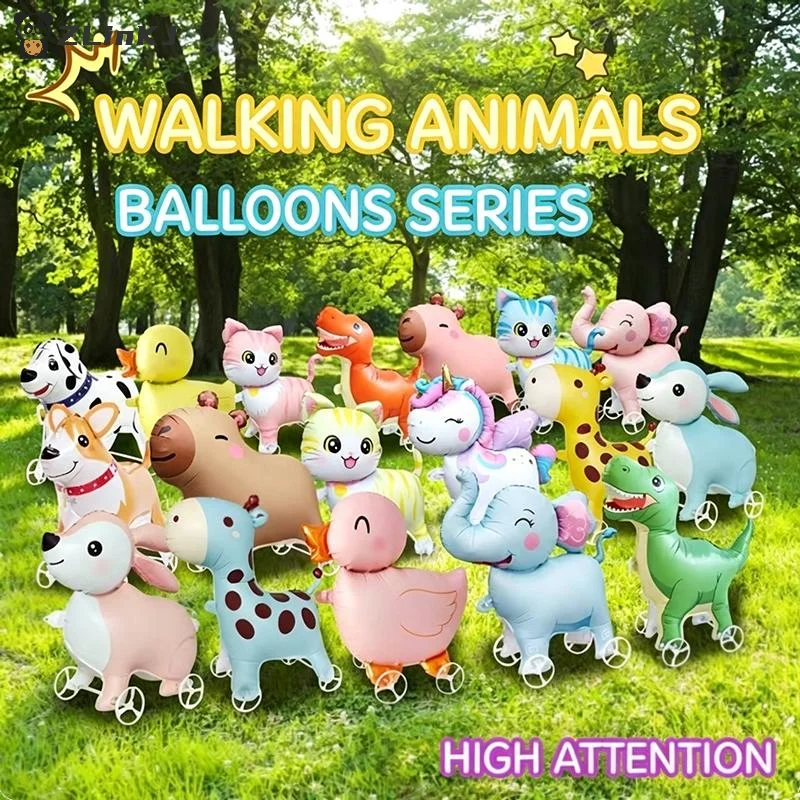 ▶Walking Animal Foil Balloons With Rolling Wheels Perfect For Kids Birthday Parties Outdoor Garden Activities
