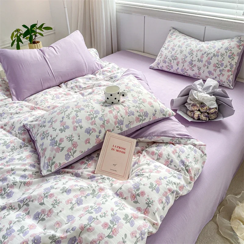 Spring Floral Duvet Cover Set Washed Cotton Flat Sheet Pillowcase  Filler Single Double Size Girls Purple Bedding Linens