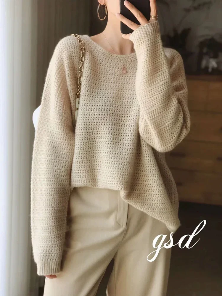 Spring Autumn Women's Sweater Pullover 100% Merino Wool Knitwear Smock O-Neck Casual Soft Solid Cashmere Hollow Out Clothing Top