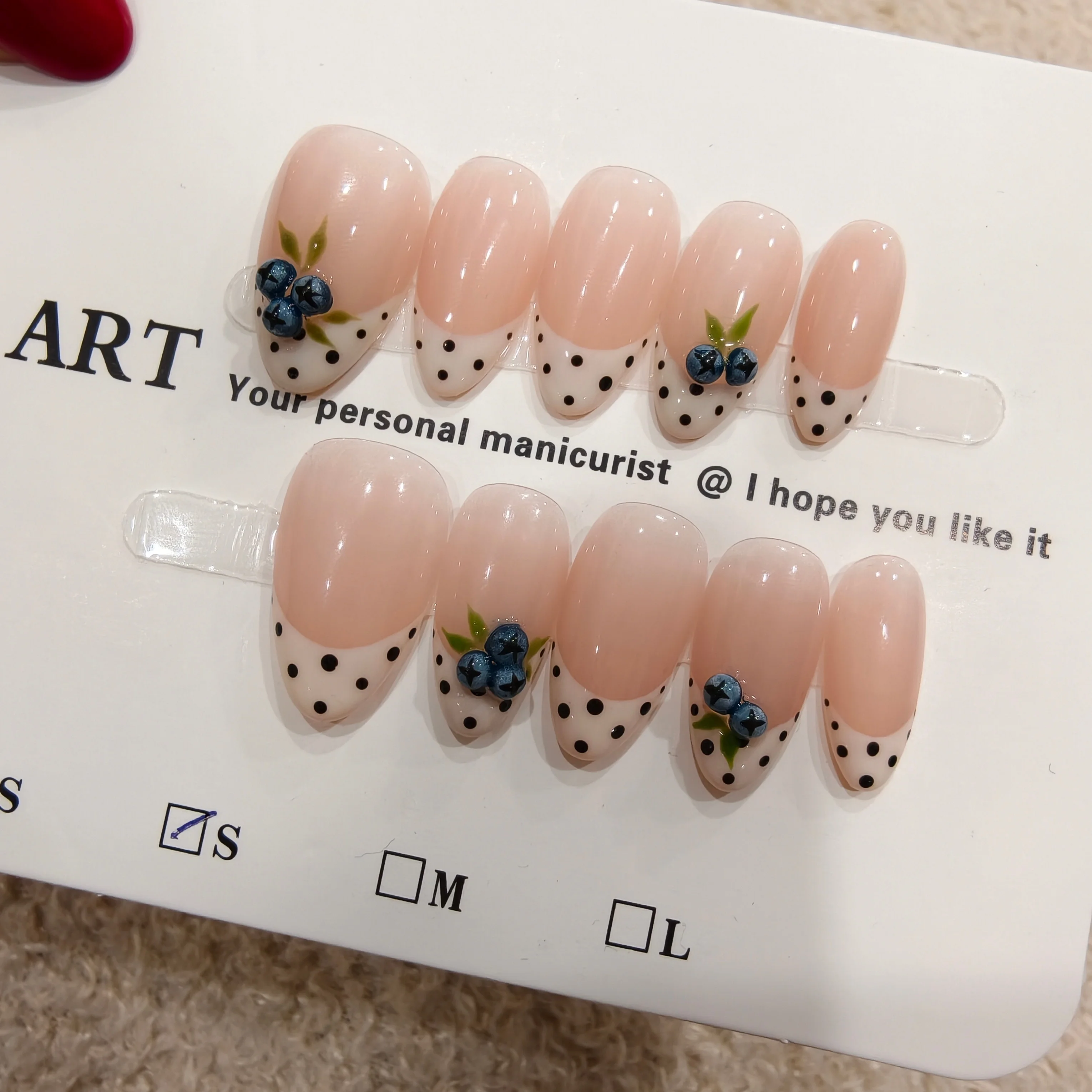 

10Pcs Handmade Press On Nails Almond Nude French False Nails with Blueberry & Polka Dot, Reusable Glossy Fake Nails for Women